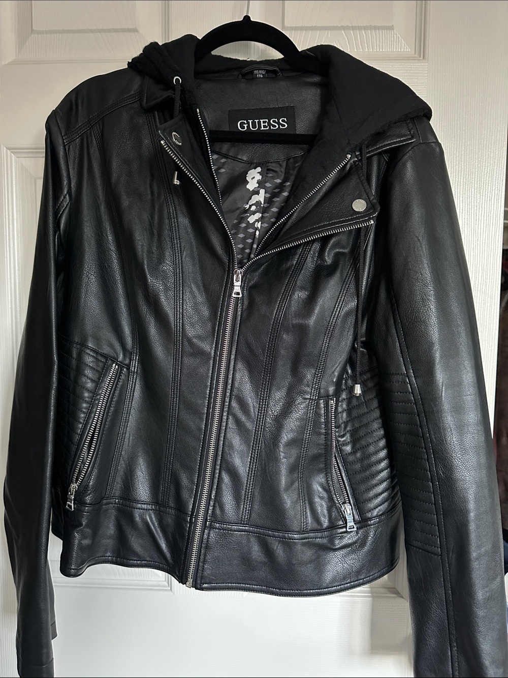 GUESS Black Faux Leather Moto Jacket Layered Knit Hoodie Biker XXL